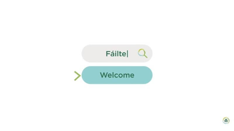 Cover image for video, it shows two button-style graphics, one saying 'Fáilte and one saying 'welcome'